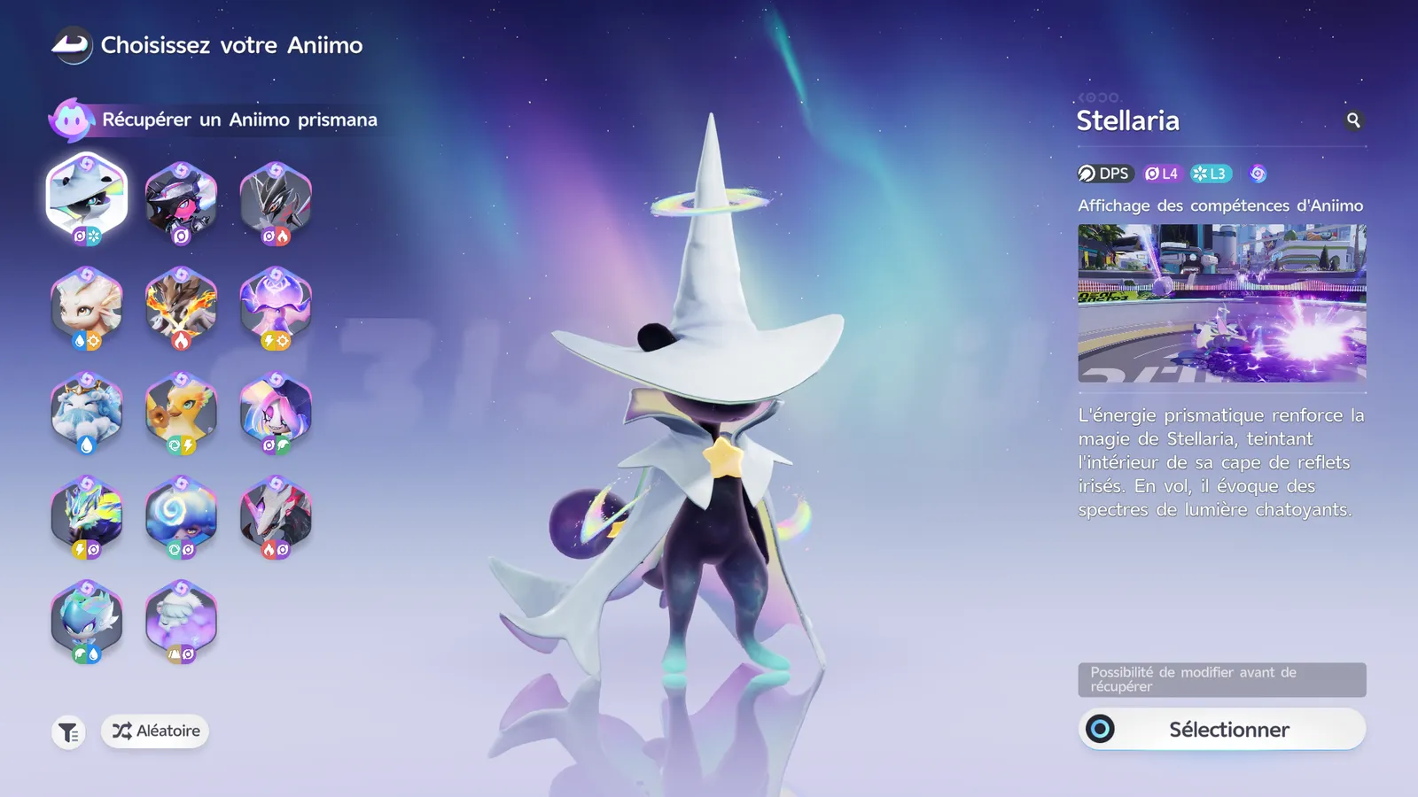 The “Choose Your Aniimo” screen: 14 Prismana Aniimo to pick from, with Stellarys selected by default