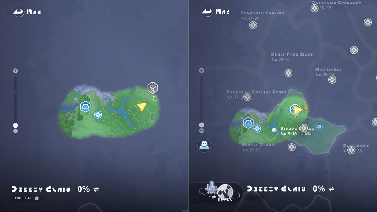 Deux captures de la carte : à gauche une petite zone découverte, à droite la même région après activation d’une Branche, avec beaucoup plus de lieux visibles