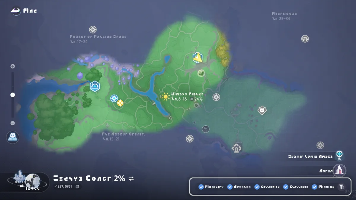 Carte d’Idylle ouverte en jeu, avec des icônes de lieux, des zones colorées par région et le curseur de zoom sur la gauche