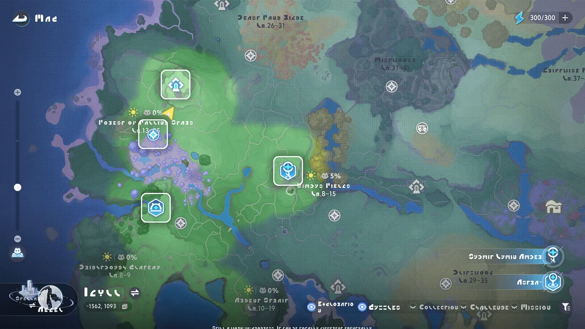 Carte d’Idylle avec plusieurs icônes de téléportation bleues sur les zones de la région de départ