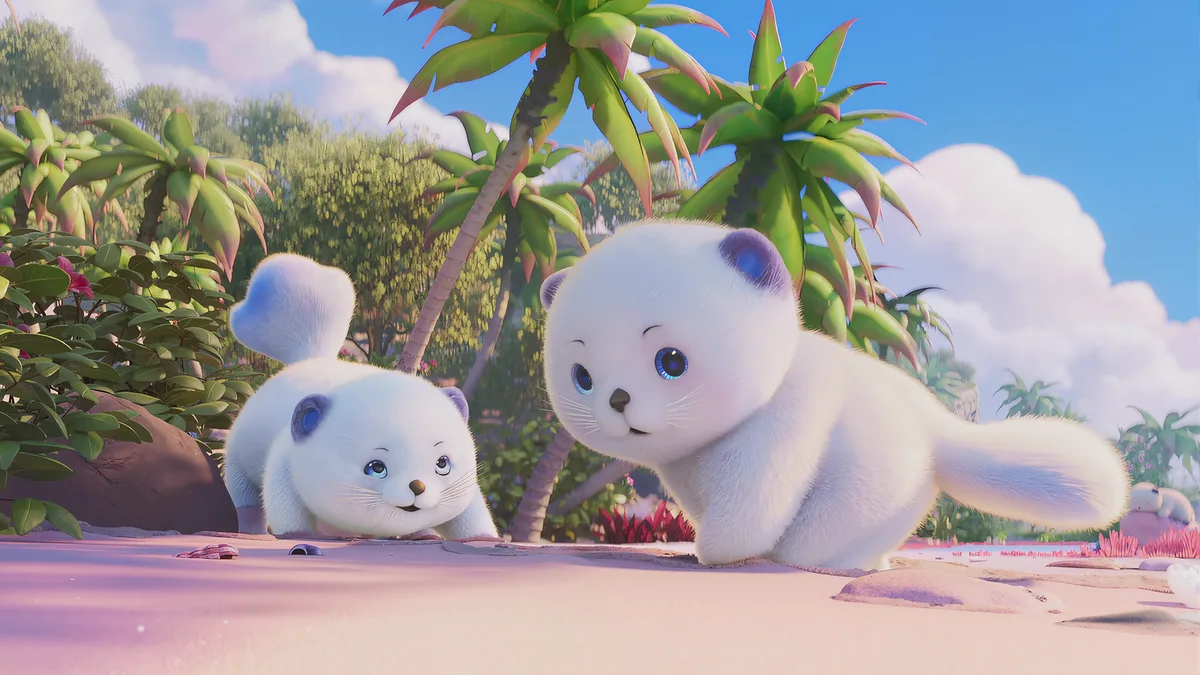 Loading screen art: two fluffy white Aniimo playing on a pink sand beach under palm trees