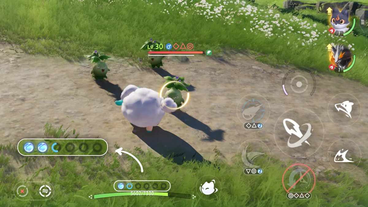 Mobile combat while twined with a fluffy white Aniimo facing wild Aniimo: the EP orbs are boxed at the bottom left, skill and Ultimate buttons on the right