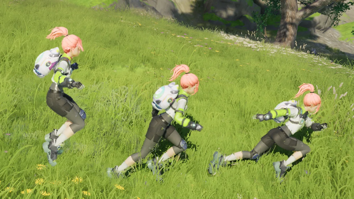 Three frames of a Pathfinder running across a meadow, illustrating walking, running and dashing