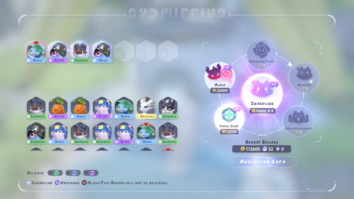 The report screen: a list of caught Aniimo on the left, and reward categories with their amounts on the right