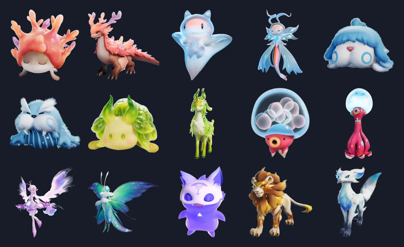 The 15 bestiary renders. Row 1: Reefish, Coraliz, Malangel, Malevsera, Cheekie. Row 2: Wavwal, Bubbeep, Glameep, Popapus, Gachapus. Row 3: Irisalis, Somniwing, Morphling, Soleon, Fennelun.