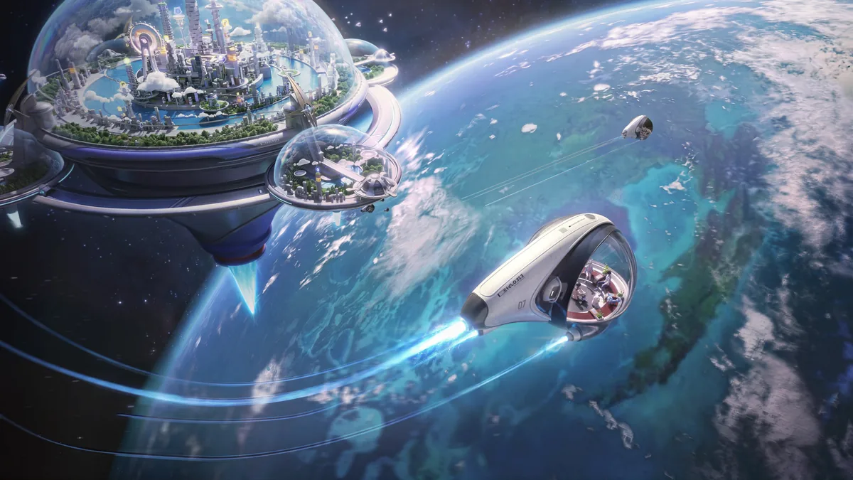 Astra, a domed city suspended above Idyll, as a shuttle speeds toward the planet: in-game loading screen