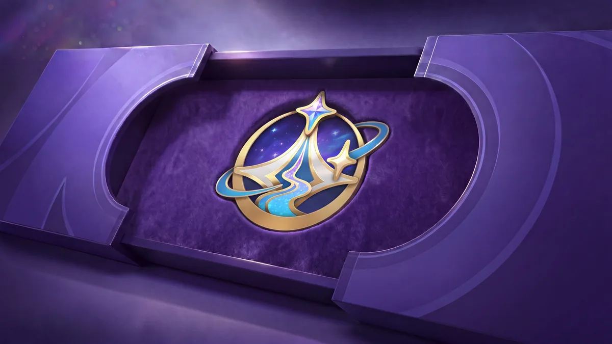 Un badge doré posé dans un étui violet : écran de chargement du jeu