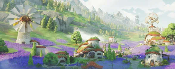 Bourg-en-Fleurs : moulins et maisons au milieu de champs de fleurs violettes, aperçu de la carte du jeu