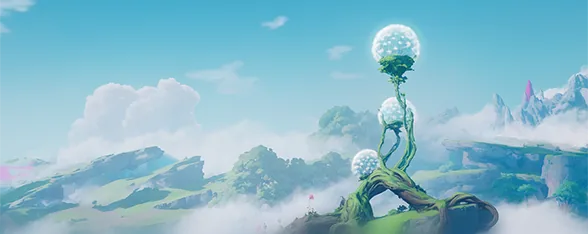 Un pissenlit géant au tronc torsadé, au-dessus des nuages : aperçu de la carte du jeu