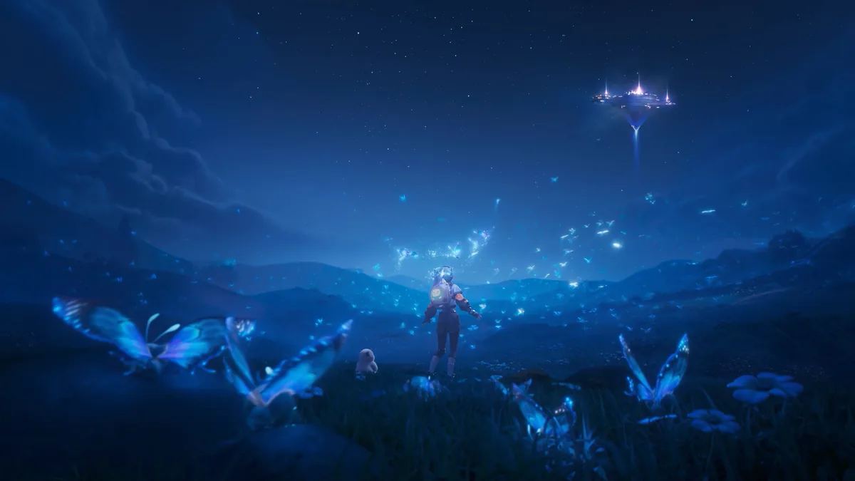 Un Nomade dans une prairie, la nuit, entouré de papillons lumineux, sous une cité qui brille dans le ciel : écran de chargement du jeu