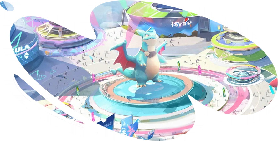 A busy Astra plaza with a large winged-creature statue at the center of a fountain: quest log illustration