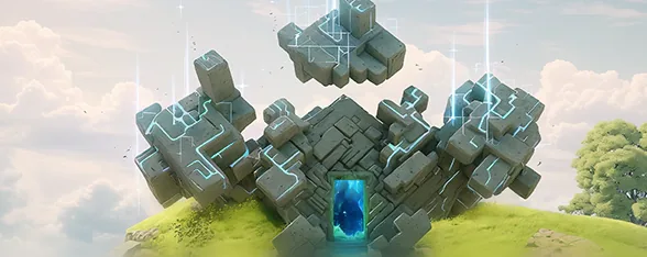 Un Sanctuaire : blocs de pierre flottants parcourus de lignes lumineuses, autour d’une porte bleue : aperçu de la carte du jeu