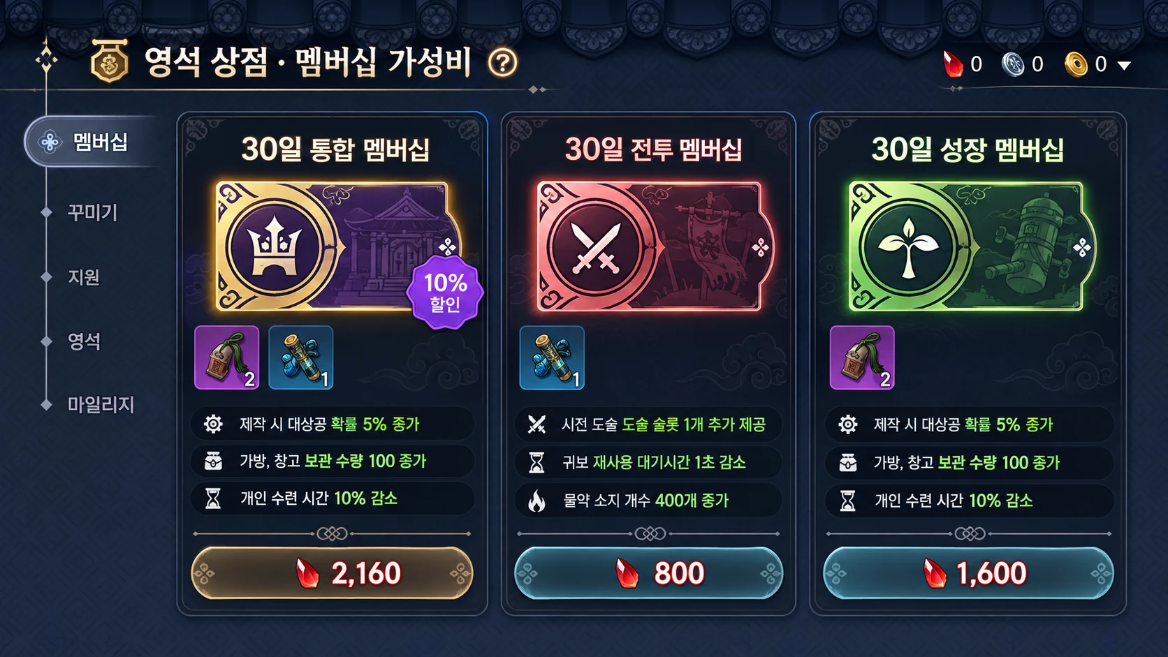 통합 30일, 전투 30일, 성장 30일 멤버십 가격과 효과를 비교한 인게임 재구성 이미지